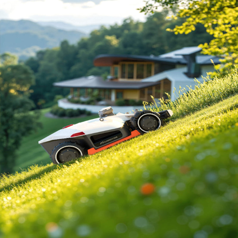 Mammotion Luba AWD X robotic lawn mower operating on a steep grassy hillside. A modern house and lush green forested mountains form the scenic background under soft daylight, showcasing its advanced all-wheel drive mowing capability.