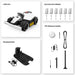 Mammotion Luba Mini package showing robotic mower, extra blades, charging station, and RTK reference station with cables and accessories, all displayed on a white background in a clean grid layout.