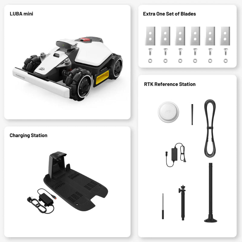 Mammotion Luba Mini package showing robotic mower, extra blades, charging station, and RTK reference station with cables and accessories, all displayed on a white background in a clean grid layout.