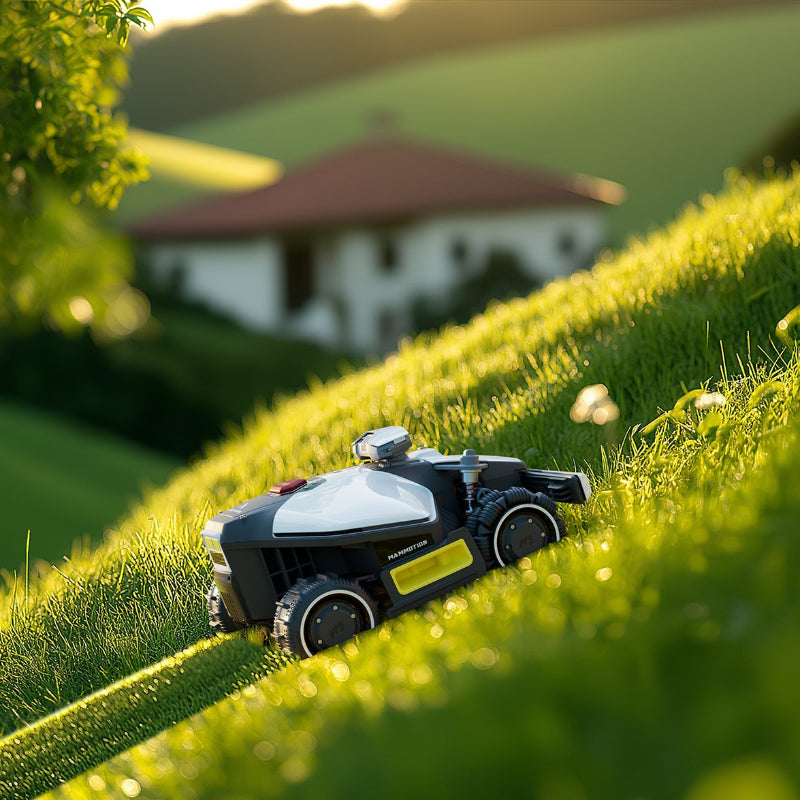 A Mammotion Luba Mini robotic lawn mower with a white and black body and yellow trim climbs a steep grassy hill surrounded by lush greenery, trees, and a blurred house with a red roof in the background under warm sunlight.