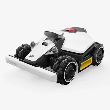 White Mammotion Luba Mini robotic lawn mower with compact design, black wheels, and front sensors, shown on a plain white background to highlight its sleek structure and efficient autonomous mowing features.