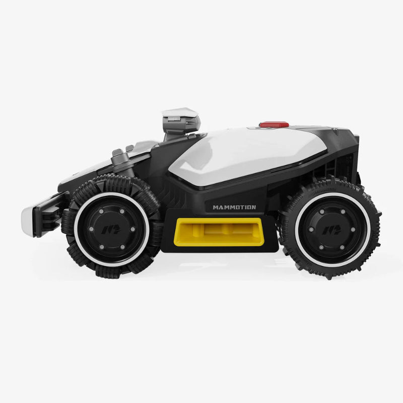 Side view of the Mammotion Luba Mini robotic lawn mower in white and black with yellow detail, showing rugged wheels and compact body, displayed on a plain white background for clear visibility of its design.