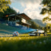 Mammotion Luba Mini robotic mower on a sunny lawn, detecting and avoiding a soccer ball with its AI vision system, set against a modern hillside home, trees, and mountains in the scenic background.