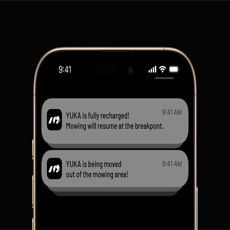 A smartphone showing YUKA robotic mower app notifications about recharging and movement alerts, highlighting real-time updates that keep users informed and in control of their lawn care anytime, anywhere.