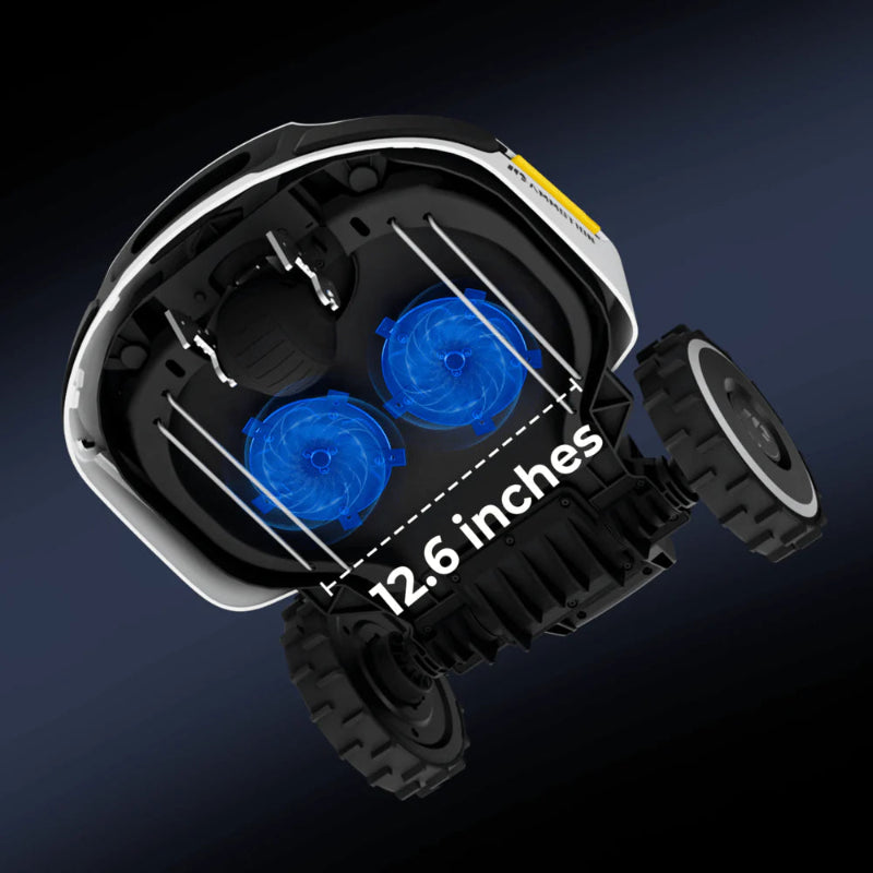 The underside of a Mammotion YUKA robotic mower reveals two blue glowing 5-blade cutting discs spaced 12.6 inches apart, highlighting its dual-disc design and durable wheels against a dark gradient background.