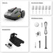 Mammotion Yuka Mini package showing robotic mower, extra blades, charging station, and RTK reference station with cables and accessories, all displayed on a white background in a clean grid layout.