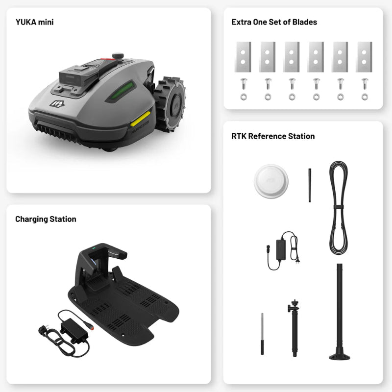 Mammotion Yuka Mini package showing robotic mower, extra blades, charging station, and RTK reference station with cables and accessories, all displayed on a white background in a clean grid layout.