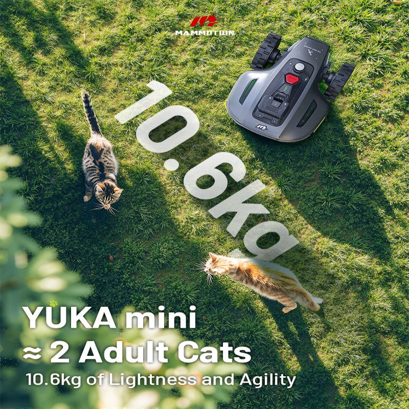 A Mammotion YUKA Mini robotic lawn mower on grass beside two cats, highlighting its lightweight 10.6 kg design—about the same as two adult cats—symbolizing its lightness, portability, and agility for easy lawn care.