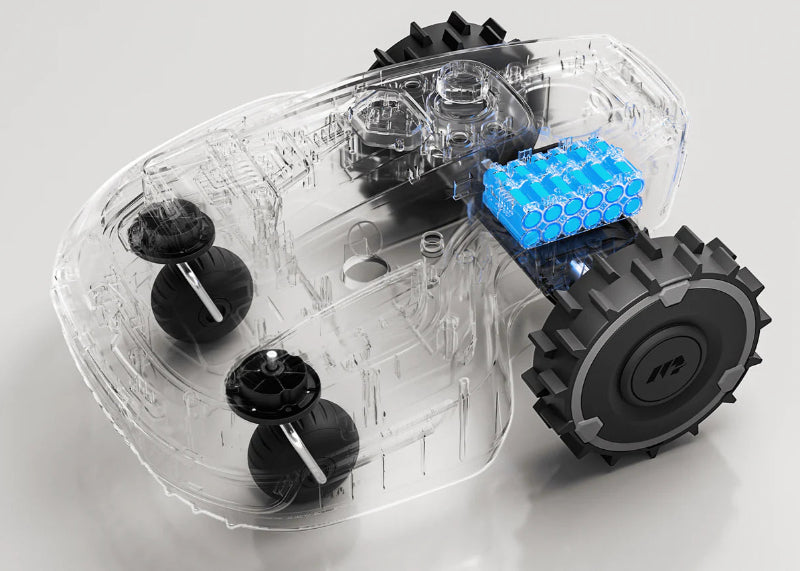 A transparent render of the Mammotion YUKA Mini robotic mower reveals its internal design, showcasing a bright blue lithium battery pack and motor components attached to large black wheels on a clean white background.