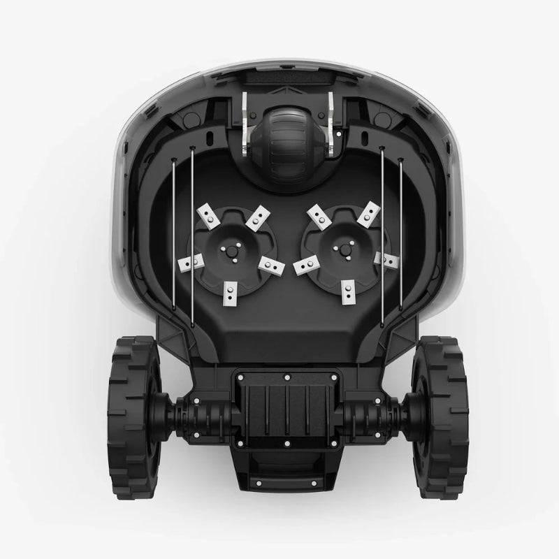 Bottom view of the Mammotion Yuka robotic mower showing its dual cutting discs with multiple sharp blades, sturdy wheels, and durable housing designed for efficient grass cutting on lawns.