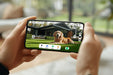 Close-up of hands holding a smartphone displaying the Mammotion Yuka Mini app, showing a live view of a golden retriever lying on a trimmed lawn in front of a modern house with glass windows and greenery in the background.