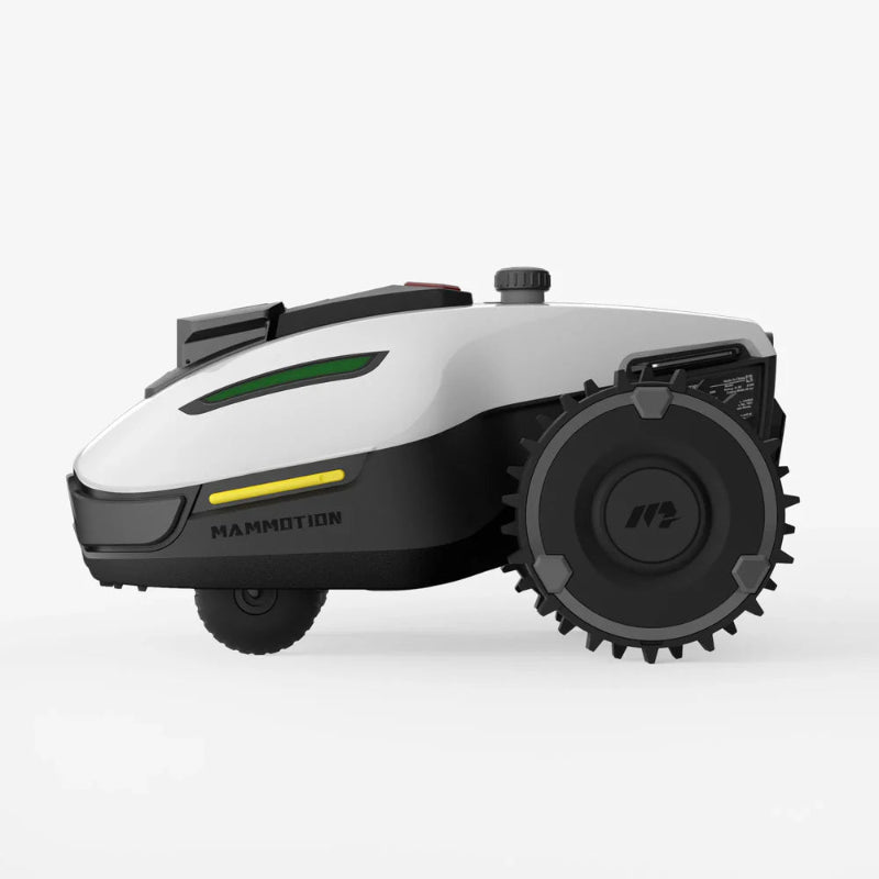 Side view of the  White Mammotion Yuka Mini robotic lawn mower in white and black with spiked rubber wheels, a green indicator light, and yellow detailing on the front, placed against a plain white background.