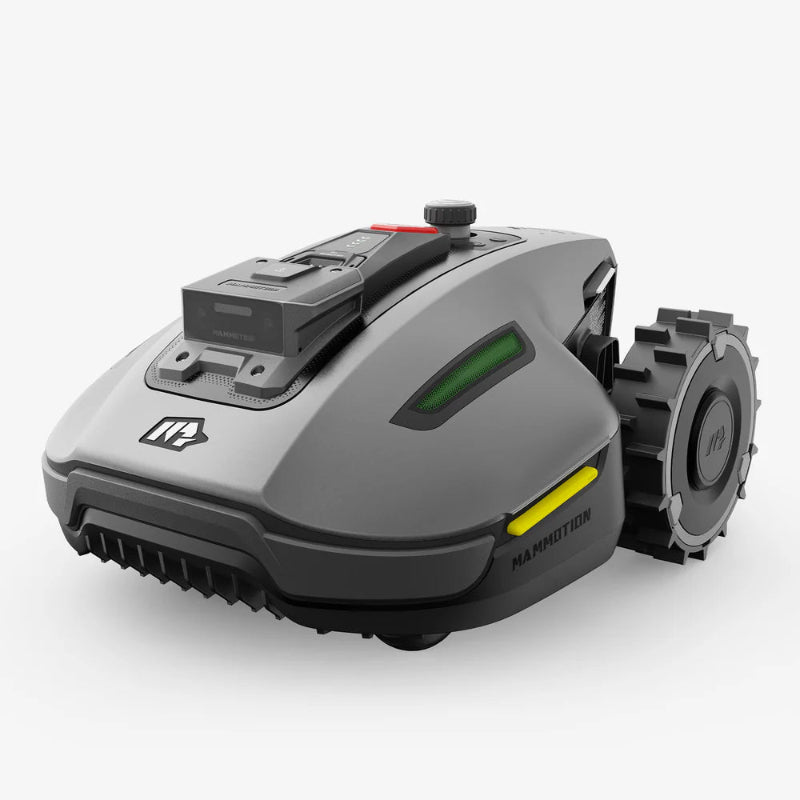Compact Mammotion Yuka Mini robotic lawn mower in sleek gray with rugged wheels and advanced front sensors, designed for precise and efficient grass cutting on residential lawns.