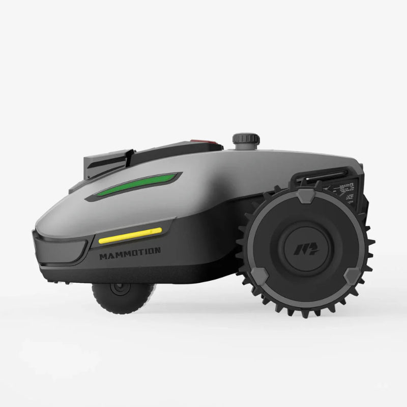 Side profile of the Mammotion Yuka Mini robotic lawn mower in gray, featuring rugged traction wheels, compact body design, and advanced side indicators, set against a plain white background.