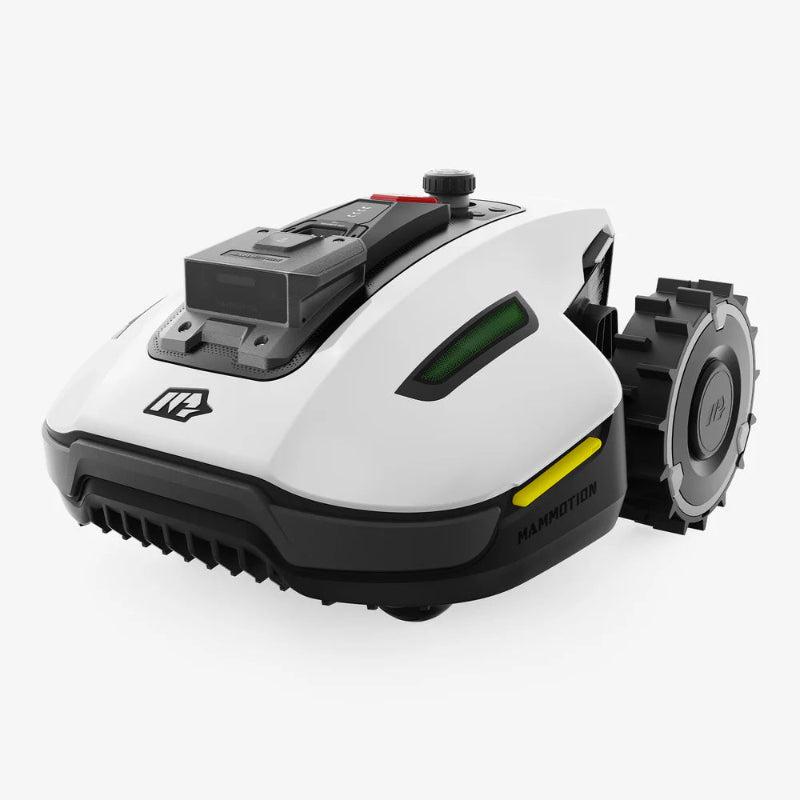 White Mammotion Yuka Mini robotic lawn mower shown from a front angle, highlighting rugged wheels, compact body, and smart sensor system, displayed on a plain white background.
