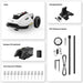 Image showing Mammotion Yuka robotic mower with included accessories: charging station, RTK reference station, optional sweeper kit, and extra blade set, all displayed separately on a white background to highlight components.