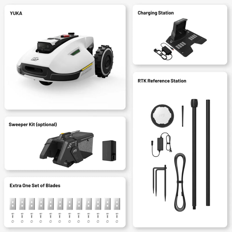 Image showing Mammotion Yuka robotic mower with included accessories: charging station, RTK reference station, optional sweeper kit, and extra blade set, all displayed separately on a white background to highlight components.