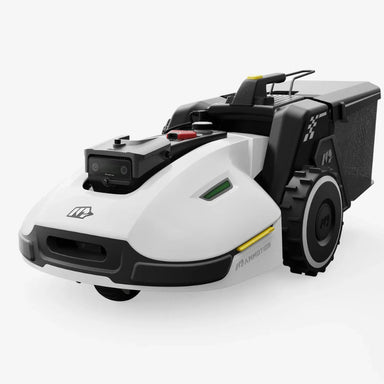 Mammotion Yuka robotic lawn mower with a sleek white and black design, large rear wheels, integrated grass collection box, and front camera system, displayed on a plain white background.