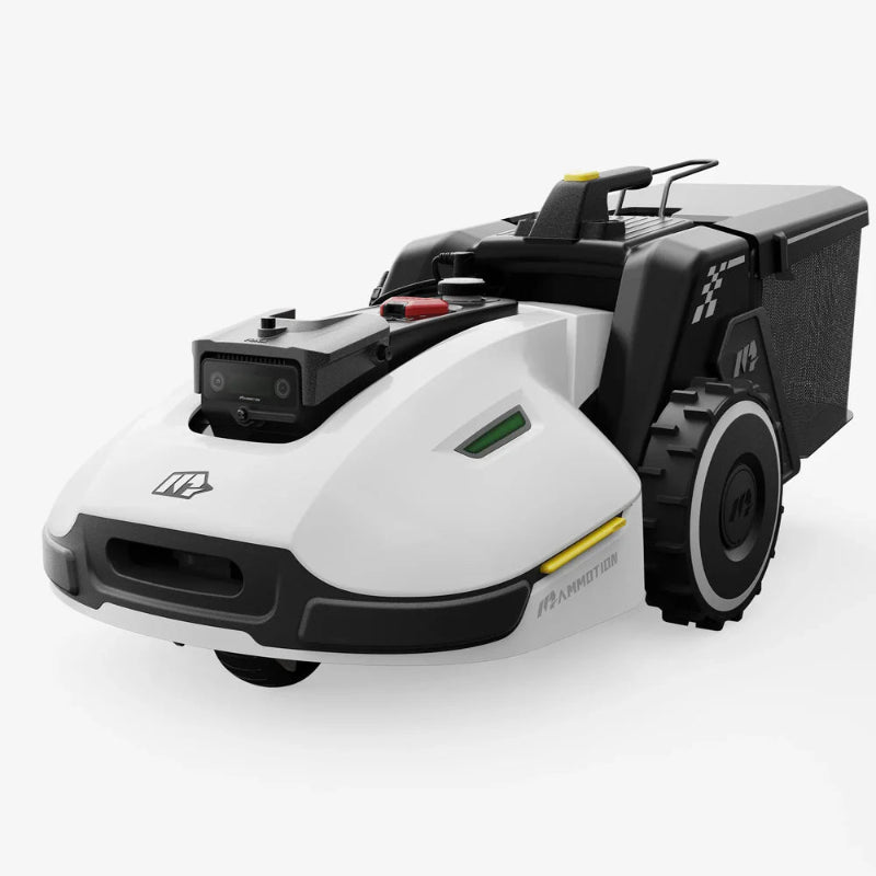 Mammotion Yuka robotic lawn mower with a sleek white and black design, large rear wheels, integrated grass collection box, and front camera system, displayed on a plain white background.