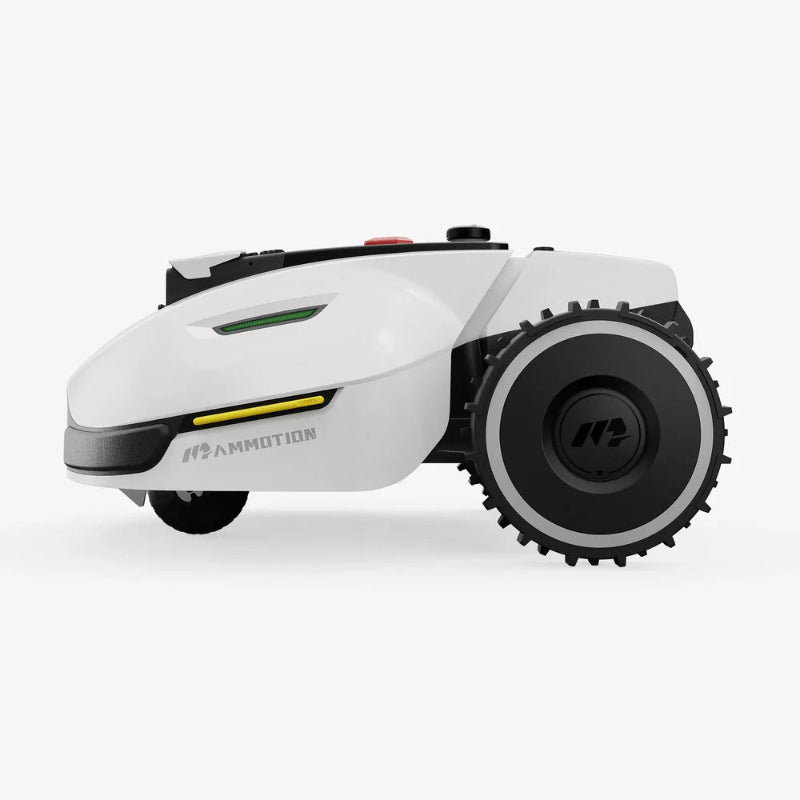 Side view of the Mammotion Yuka robotic mower, showcasing its sleek white body, large rugged rear wheel, compact design, and LED accent lights, displayed on a clean white background.