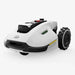 Mammotion Yuka robotic mower in white and black with rugged rear wheels, front camera, and control buttons on top, shown on a plain white background for a sleek, modern design presentation.