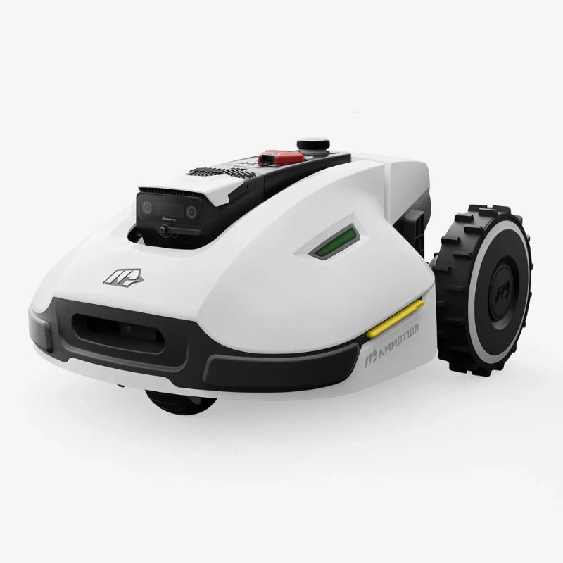 Mammotion Yuka robotic mower in white and black with rugged rear wheels, front camera, and control buttons on top, shown on a plain white background for a sleek, modern design presentation.