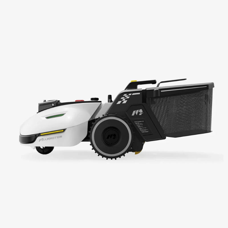 Side view of Mammotion Yuka robotic mower in white and black, equipped with a large mesh grass collector at the rear, rugged wheels, and sleek body design, displayed on a plain white background.