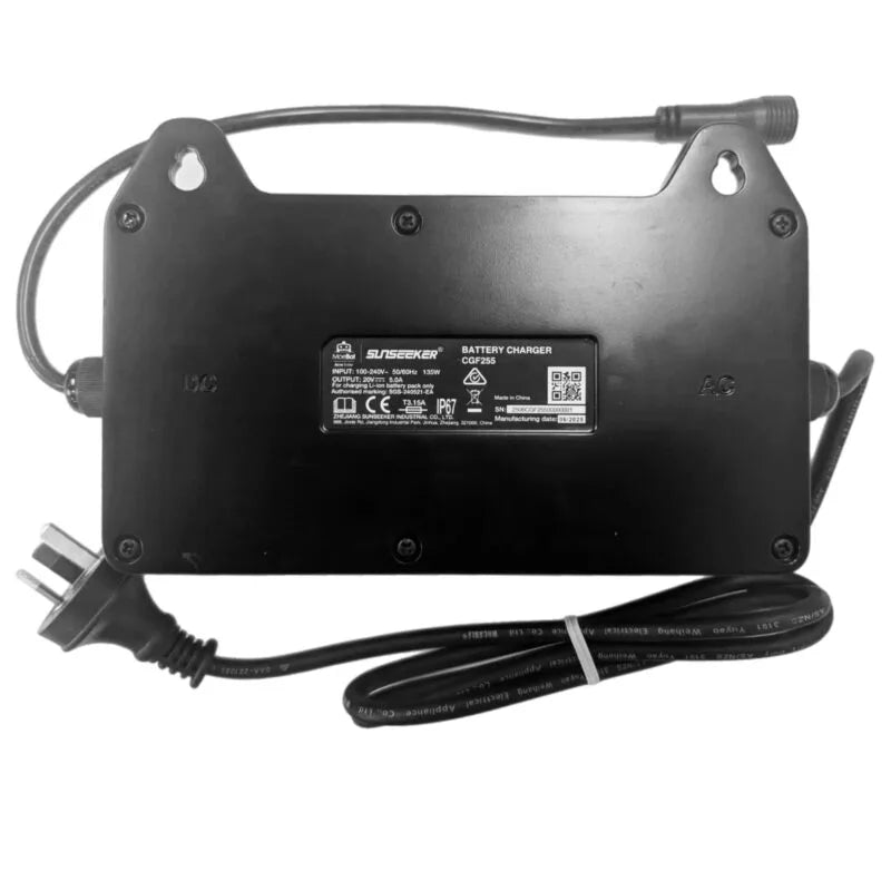 MoeBot Acre Eater Sunseeker battery charger in black with label, power cord, and plug shown on a white background, designed for charging robotic lawn mower batteries efficiently and safely.