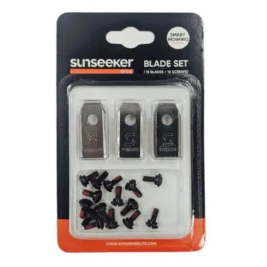 MoeBot Acre Eater blade set in retail packaging showing three replacement blades and fifteen screws inside a clear plastic case, labeled “Sunseeker Blade Set” with black and orange branding on a white background.