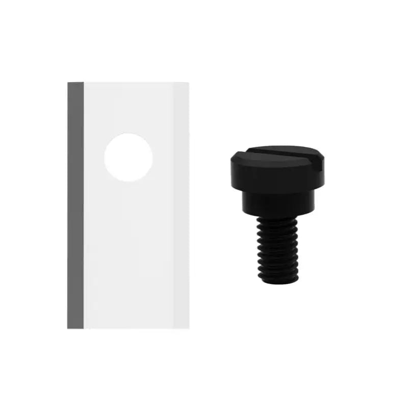 Close-up of a MoeBot Acre Eater replacement mower blade and black mounting screw displayed on a white background, showing the single sharp-edged metal blade with a central hole beside the threaded screw used for installation.