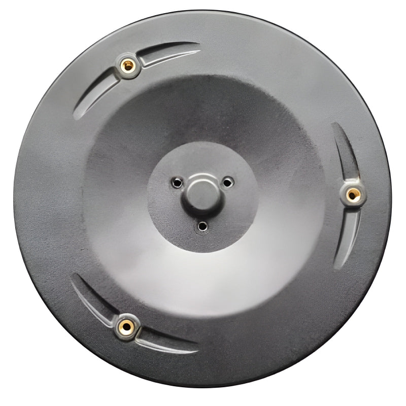 op view of a MoeBot Acre Eater circular black cutting plate showing three blade mount points and a central hub, designed for robotic lawn mower cutting systems, displayed on a plain white background.