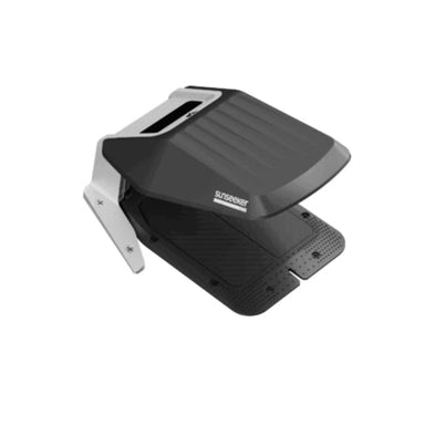 MoeBot Acre Eater Shelter featuring a sleek black and silver cover with a ribbed design and angled canopy, designed to protect robotic lawn mowers from weather elements, shown on a plain white background