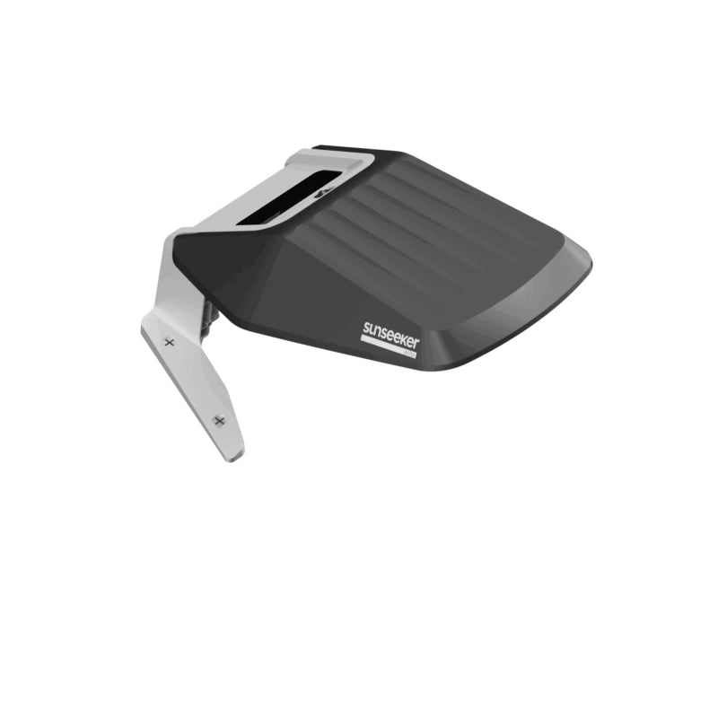 A MoeBot Acre Eater Shelter by Sunseeker featuring a sleek black canopy and white mounting arms, designed to protect robotic lawn mowers from rain and sunlight, displayed on a clean white background.