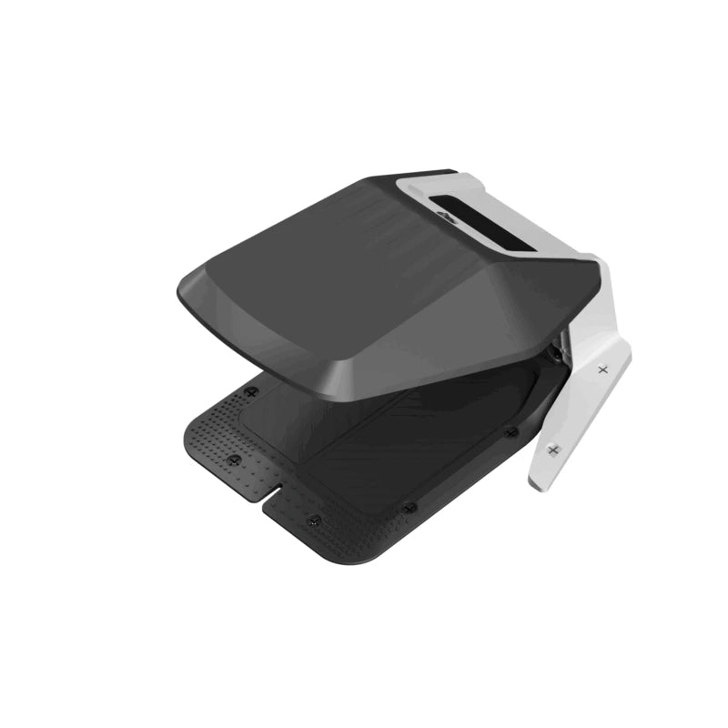 A MoeBot Acre Eater Shelter featuring a dark grey and white protective canopy with a textured base, designed to shield robotic lawn mowers from sun and rain, shown isolated on a plain white background.