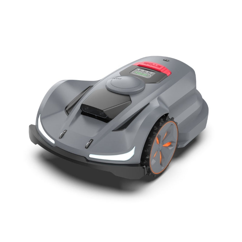 Sleek grey Moebot Acre Eater robotic lawn mower featuring LED headlights, durable tread wheels, and a digital control panel for automated precision mowing.