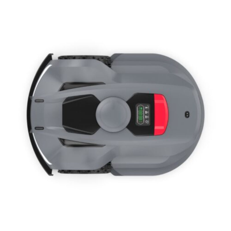 Top view of the Moebot Acre Eater robotic lawn mower showing its sleek grey design, LED display, and durable wheel tread for automated precision cutting.