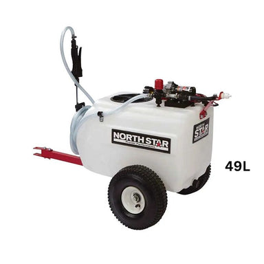 Heavy-duty tow-behind unit (21–383 gal) with 12 V NSQ® pump, folding boom, spot gun & broadcast spraying for ATVs/tractors.