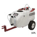NorthStar tow-behind boom and spot sprayer with a 117-litre white tank, red steel towing frame, and black wheels. Features mounted pump and hose system on top, ideal for lawn, garden, and farm spraying, shown on a clean white background.