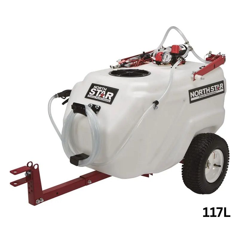 NorthStar tow-behind boom and spot sprayer with a 117-litre white tank, red steel towing frame, and black wheels. Features mounted pump and hose system on top, ideal for lawn, garden, and farm spraying, shown on a clean white background.