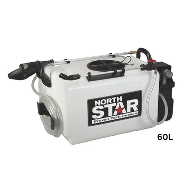 NorthStar Elite 12V ATV sprayer with 60-litre white tank, heavy-duty hose, and nozzle wand. Features durable fittings, black mounting brackets, and power connectors for vehicle attachment, displayed on a clean white background.
