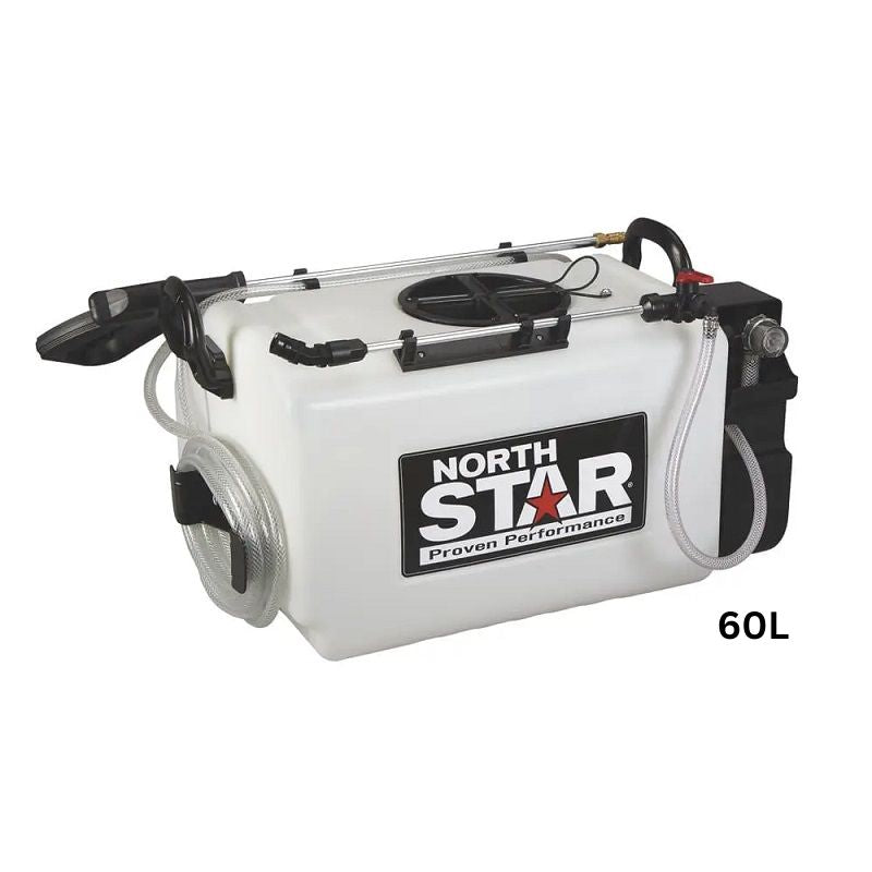 NorthStar Elite 12V ATV sprayer with 60-litre white tank, heavy-duty hose, and nozzle wand. Features durable fittings, black mounting brackets, and power connectors for vehicle attachment, displayed on a clean white background.