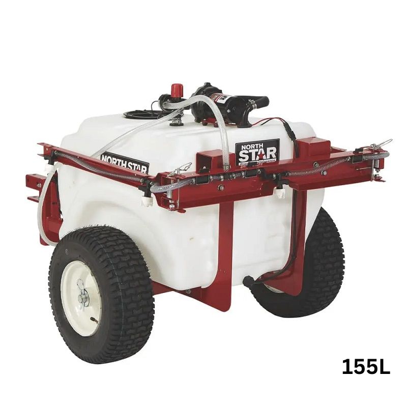 NorthStar tow-behind boom and spot sprayer featuring a 155-litre white tank, red steel frame, durable pneumatic tires, and hose attachments. Designed for lawn, garden, and farm use with ATV or mower towing, displayed on a plain white background.