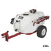 NorthStar tow-behind boom and spot sprayer with a 231-litre white tank, red steel frame, pneumatic tires, and mounted pump system. Designed for large-scale lawn, farm, and garden spraying, with hose and nozzle attachments, shown on a white background.