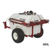 NorthStar tow-behind boom and spot sprayer featuring a 383-litre white tank, red steel frame, heavy-duty tires, and mounted pump with hose system. Designed for ATV or mower towing, ideal for large-area spraying, shown on a plain white background.