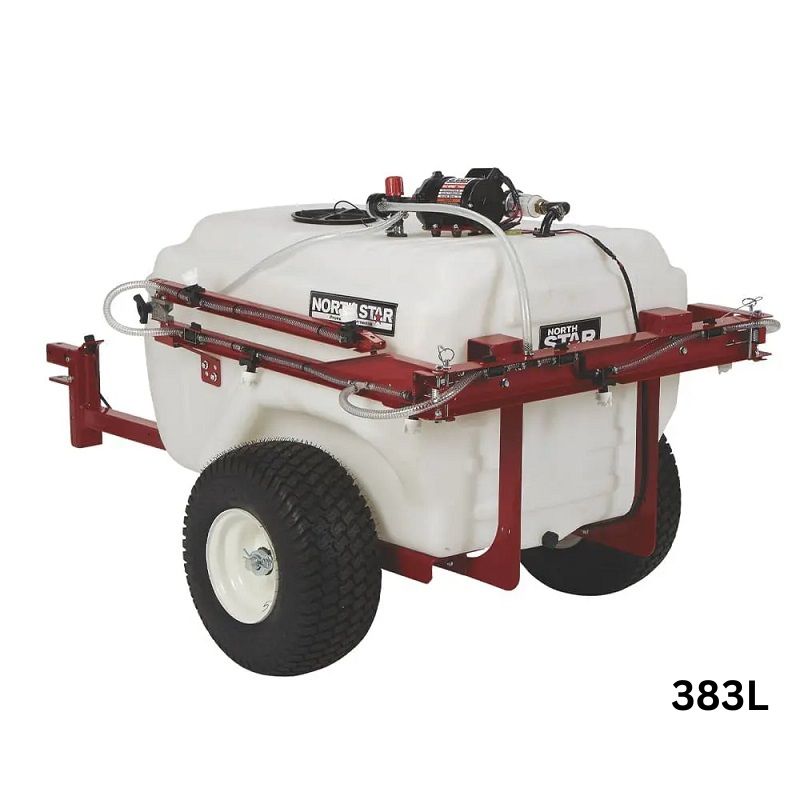 NorthStar tow-behind boom and spot sprayer featuring a 383-litre white tank, red steel frame, heavy-duty tires, and mounted pump with hose system. Designed for ATV or mower towing, ideal for large-area spraying, shown on a plain white background.