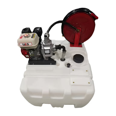 NorthStar 400L portable fire tank featuring a white polyethylene tank, Honda GX engine, high-pressure pump, and red hose reel. Ideal for fire control, water transfer, or spraying applications in rural and agricultural environments.