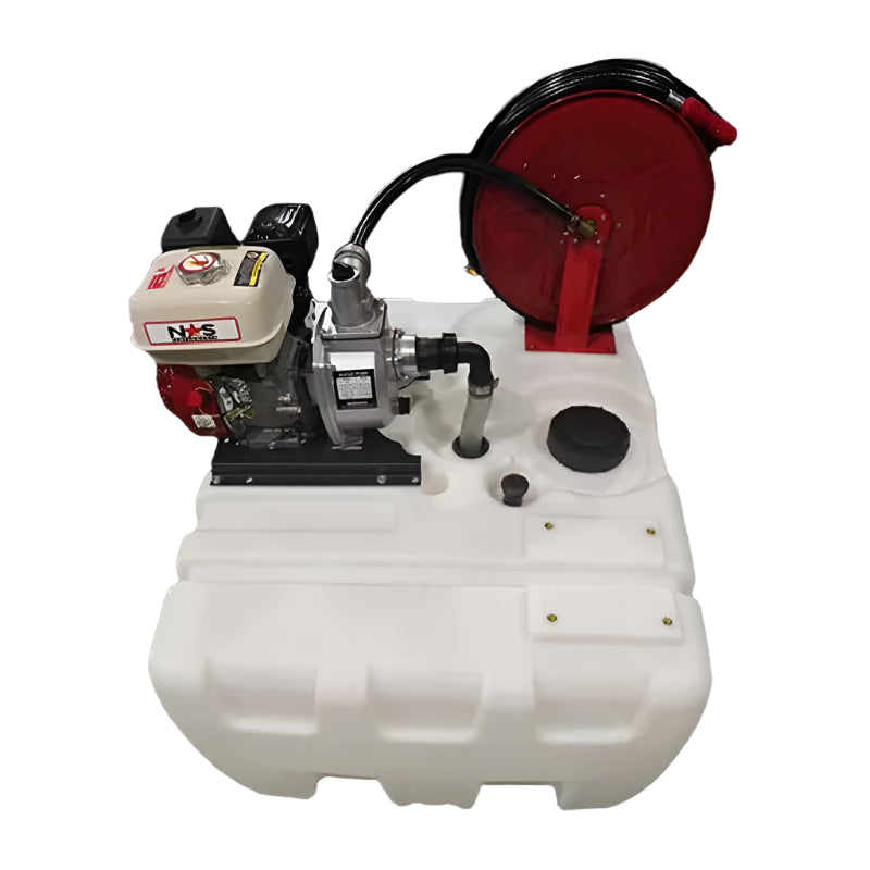 NorthStar 400L portable fire tank featuring a white polyethylene tank, Honda GX engine, high-pressure pump, and red hose reel. Ideal for fire control, water transfer, or spraying applications in rural and agricultural environments.