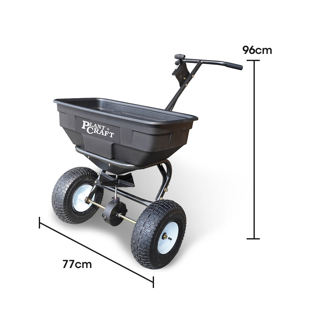 PLANTCRAFT Walk Behind Broadcast Spreader 56kg 60L Seed Lawn Fertiliser Specification Drawing