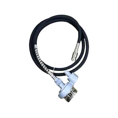 Powertech 2-inch submersible water pump with heavy-duty black hose and metal fittings. The image shows the durable coupling and flexible hose coiled neatly on a white background, designed for efficient water transfer in industrial or agricultural use.