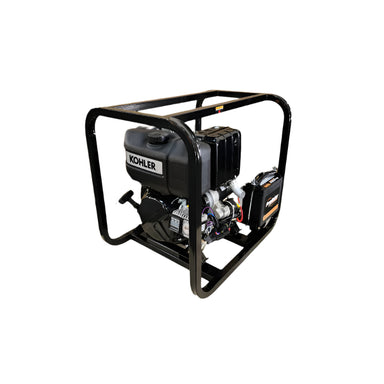 Powertech diesel drive unit with Kohler engine, mounted on a sturdy black steel frame. The compact, industrial-grade machine is designed for powering submersible pumps and heavy-duty applications, shown on a white background for clear product display.